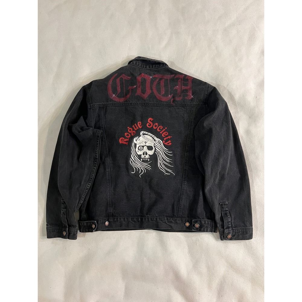 Today's News Mens Black Denim Jacket Trucker GOTH ROGUE SOCIETY Skull Graphic L